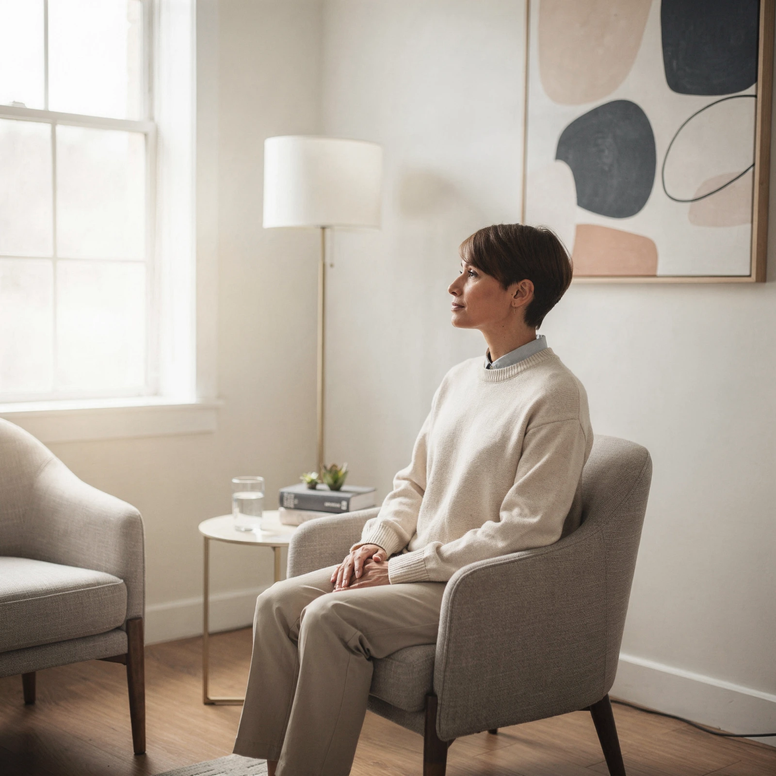 Woman seated in therapy office chair near window, with modern wall art and floor lamp